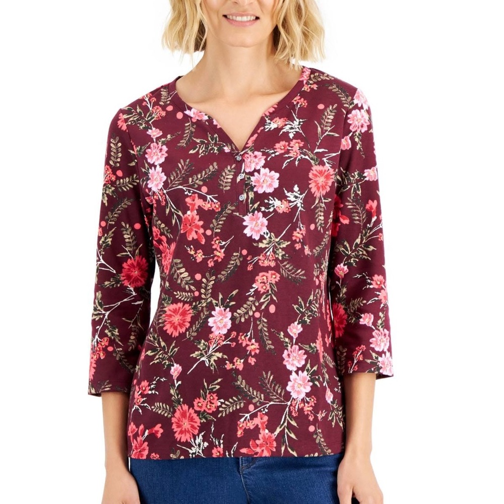 Karen Scott Women's Printed Henley 3/4 Sleeve Top NWOT